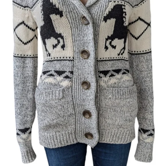 Bluenotes Cowichan Western Aztec Horse Knit Cardigan Shawl Collar XS - Picture 8 of 10